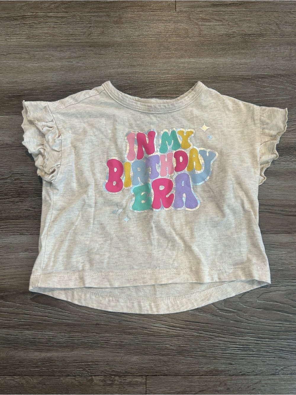 Old Navy Cream Ruffle Sleeve Tee with Multicolor 'In My Birthday Era' Graphic